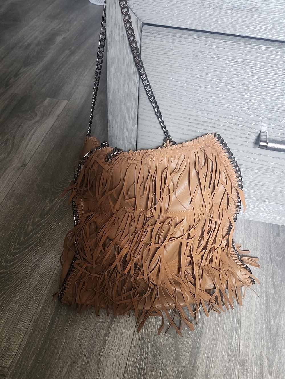 Steve Madden Tan Fringe Shoulder Bag with Chain Accent